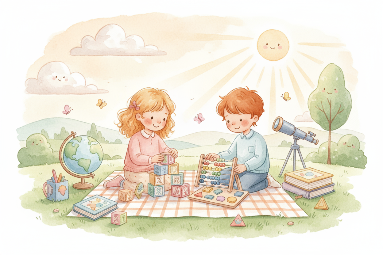 Soft watercolor children's illustration, two happy kids playing with educational toys outdoors, pastel colors, warm light, premium storybook style.