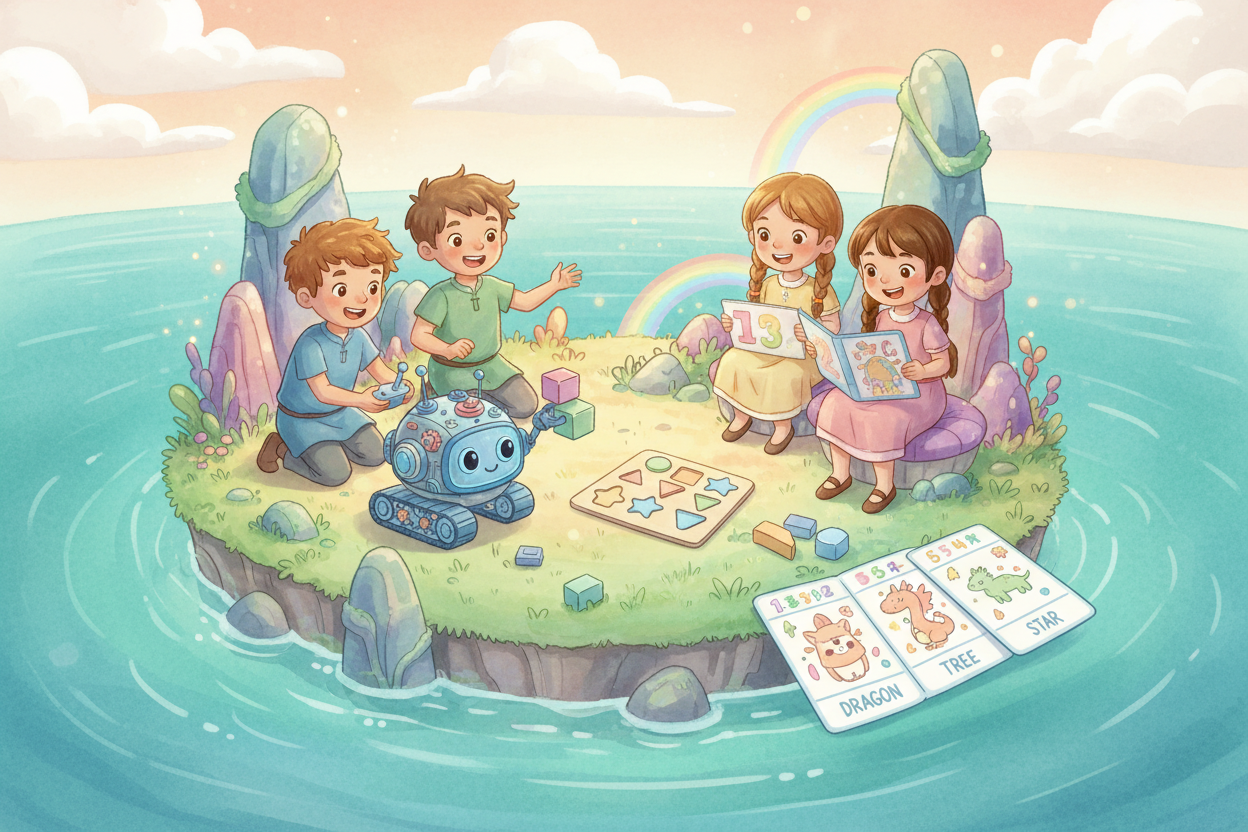 Soft watercolor illustration on a small magical island, four happy children playing together. Two boys are building and controlling a cute STEM robot, while two girls play with educational toys such as writing tablets, coloring books, shape-matching puzzles, and word-learning cards. Warm pastel colors, premium storybook style, gentle sunlight, calm sea surrounding the island, soft textures, friendly expressive faces, cozy and playful atmosphere.